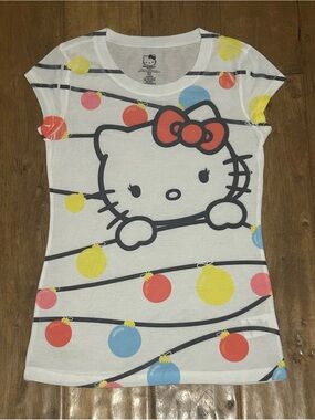 NWOT Hello Kitty Christmas White Tee with Red Bow and  Multicolor Ornaments